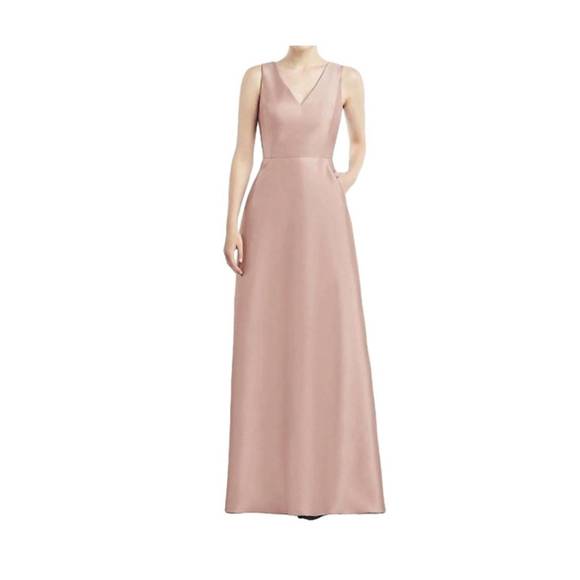 NEW ALFRED SUNG satin twill full sleeveless gown in toasted sugar